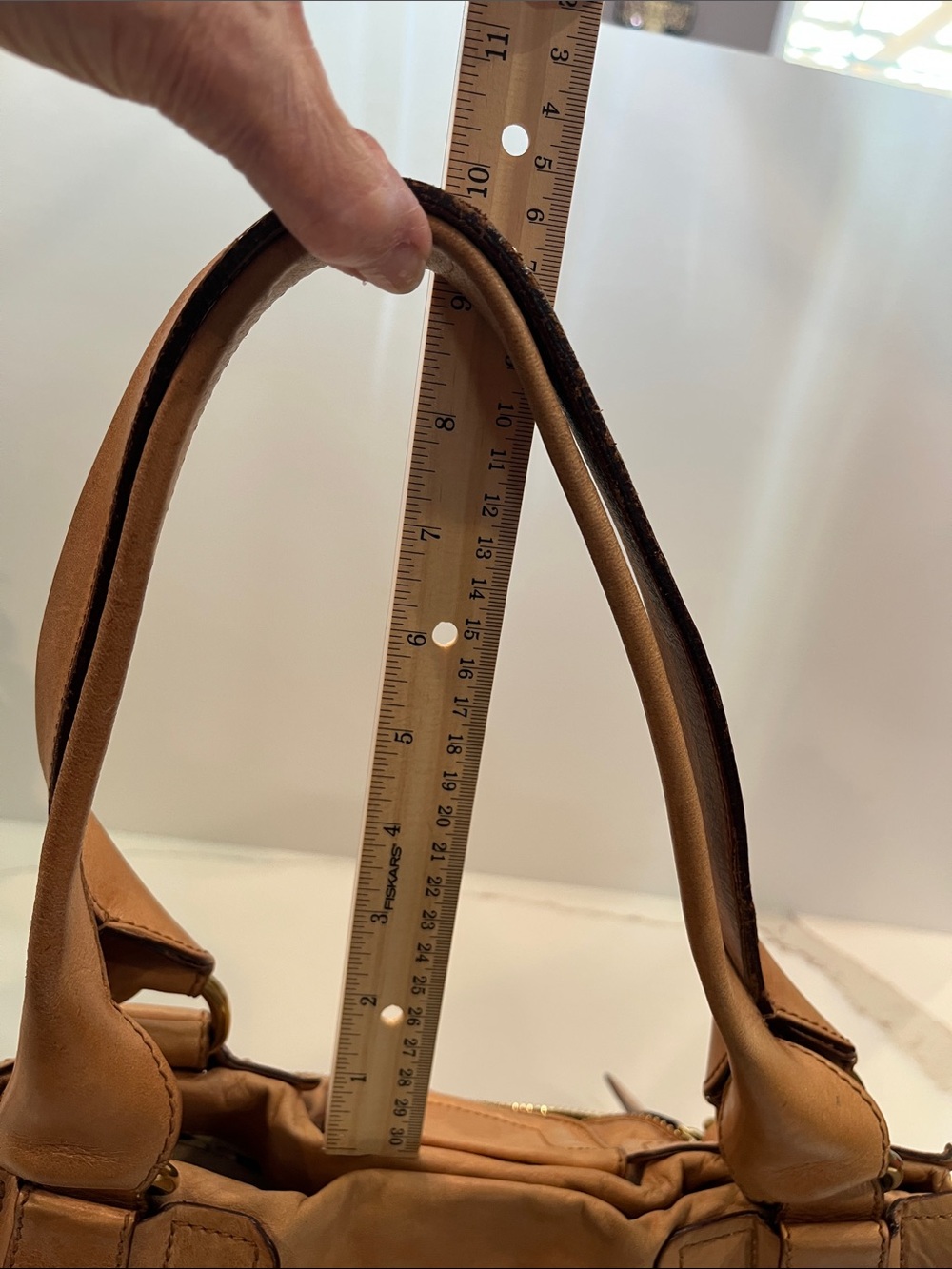 Chloe Leather Camel Shoulder Bag with Double Buckle Detail. Made in Italy. Roomy - Picture 8 of 16